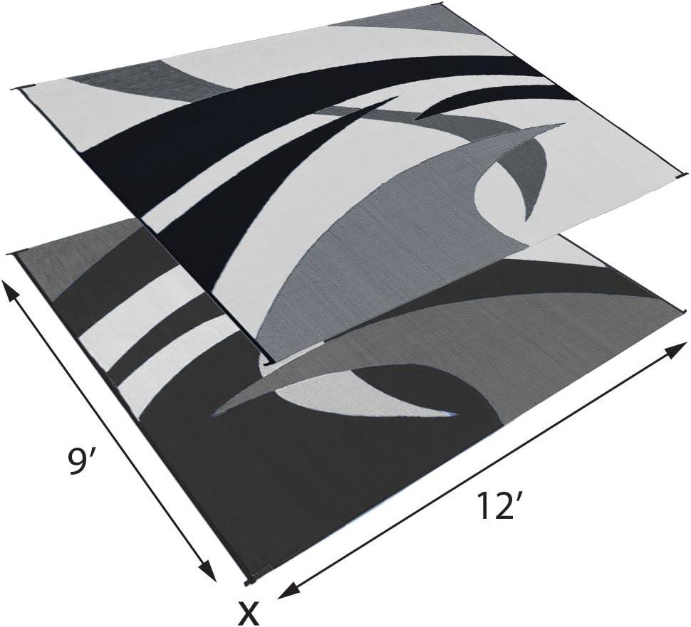 Outdoor Patio / RV Camping Mat - Swirl (Black/White, 9-Feet x 12-Feet)