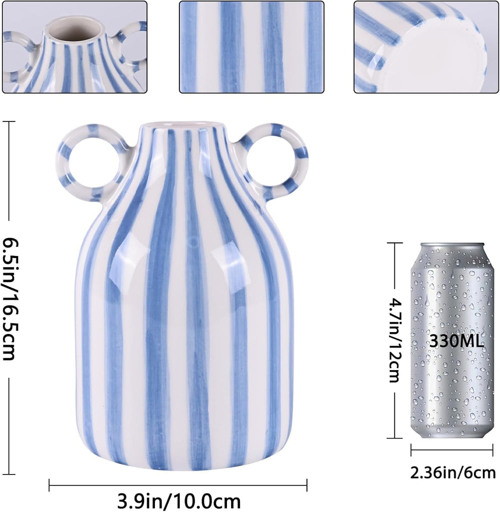 Blue and White Ceramic Vase with Handle, Nordic Boho Small Vases Side Table Flower Centerpiece, Wide Mouth Single