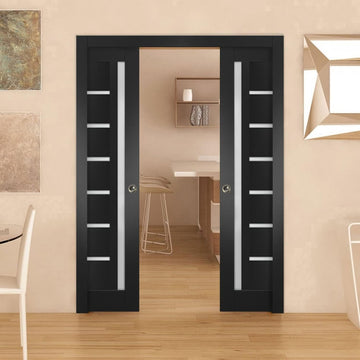 Quadro 4088 | Interior French Double Pocket Doors with Frosted Glass, MDF, 48x80, Black, Modern Styl