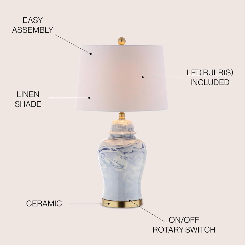 26" Blue and White Marble Ceramic Table Lamp, Traditional Ginger Jar Style with Brass Gold Base