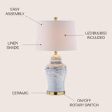 26" Blue and White Marble Ceramic Table Lamp, Traditional Ginger Jar Style with Brass Gold Base