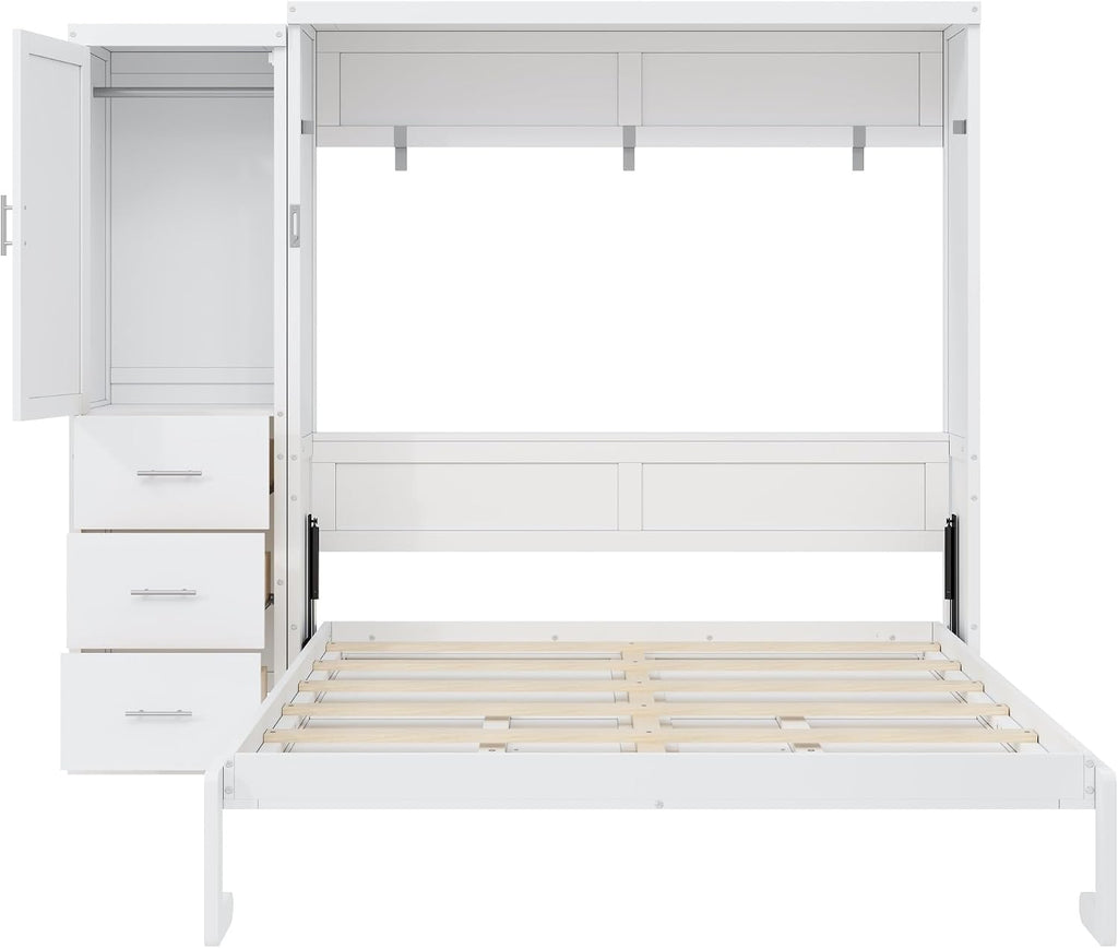 Queen Murphy Bed with Wardrobe, Farmhouse Hidden Foldable Wall Bed Frame with Storage Drawers, Space-Saving Storage