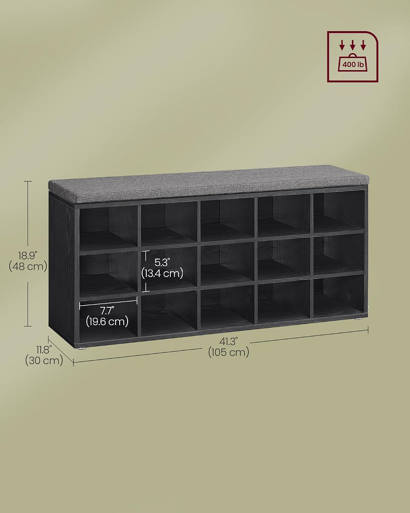 Shoe Bench, Storage Bench with Padded Seat, Entryway Bench with 15 Compartments, , 11.8 x 41.3 x 18.9