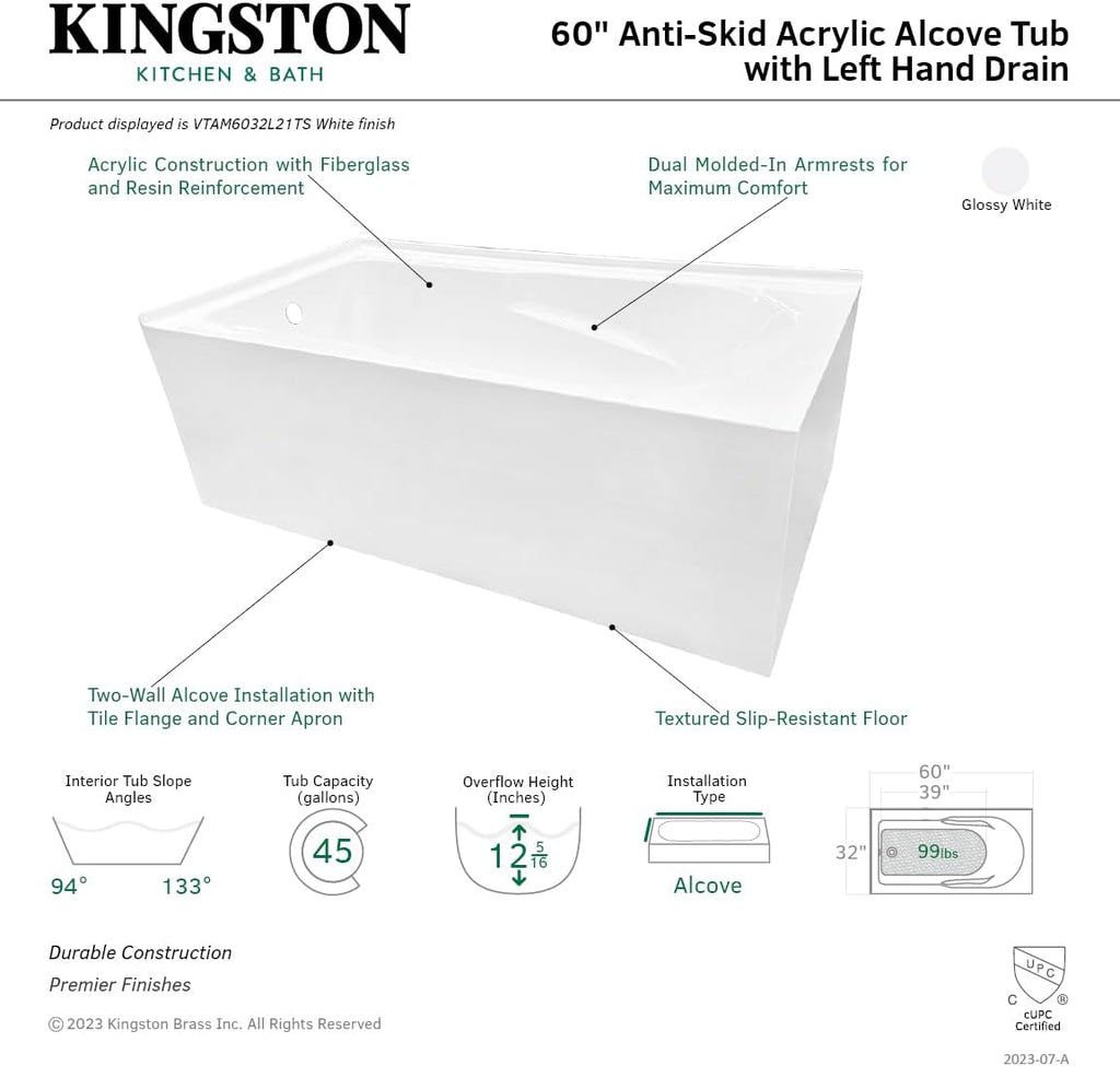 VTAM6032L21TS 60-Inch Acrylic 2-Wall Corner Alcove Tub with Left Hand Drain, White