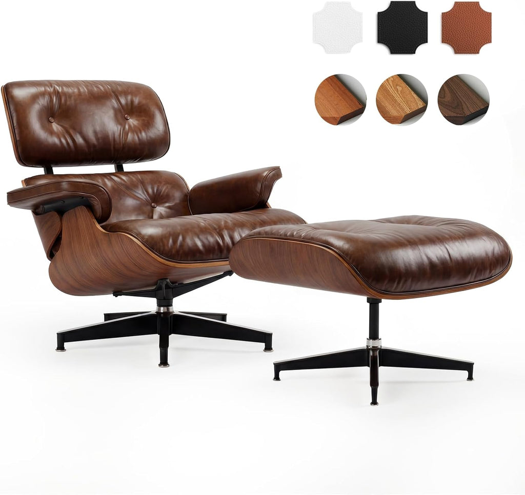 Modern Reading Chair and Ottoman — Walnut Leather
