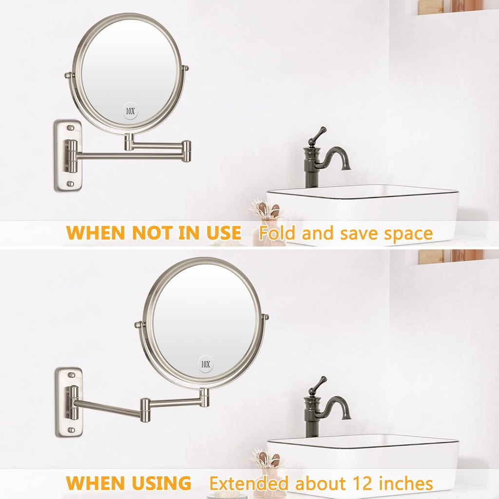 Wall Mounted Makeup Mirror - 1X/10X Magnifying Mirror Double Sided, 8 Inch Extendable Bathroom Mirror, Nickel Finish