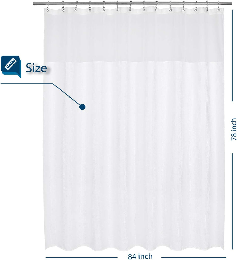 84x78 Large Extra Long and Wide Fabric Shower Curtain White | Sheer Window Top, Waffle Weave, 230GSM Heavyweight