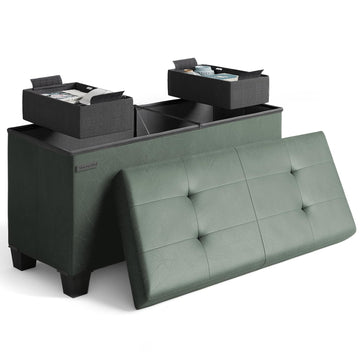 Storage Ottoman Bench with Bins, 30-in Storage Bench End of Bed, Folding Foot Rest Ottoman Max 660lbs, Leather