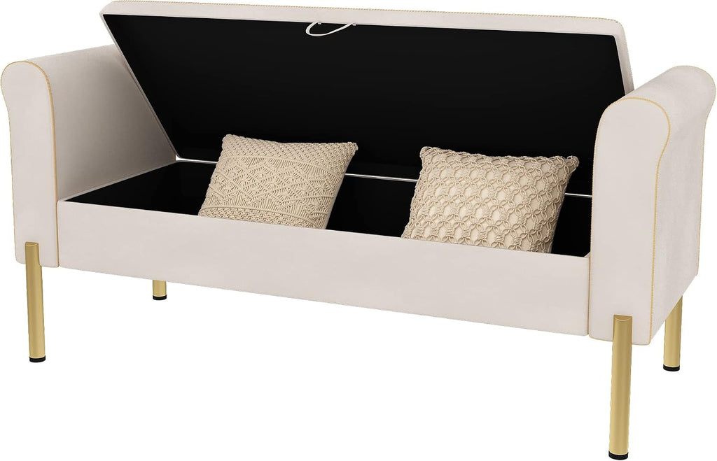 Modern Blue Velvet Storage Bench End of Bed Bench Ottoman, Upholstered Armed Entryway Bench Long Settee