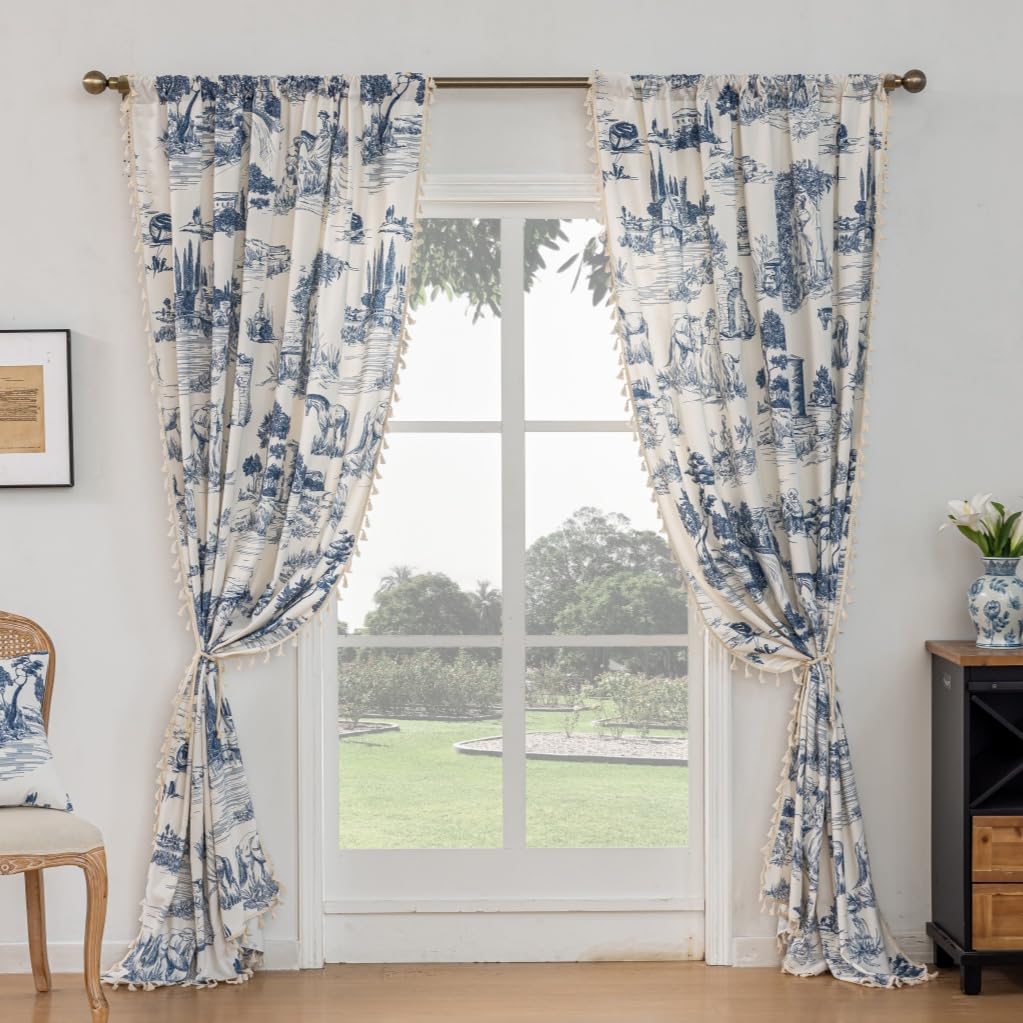 Blue Victorian curtainsCurtains 2 Panels Patterned Print Semi Blackout Farmhouse Modern Toile Pattern on Cream White