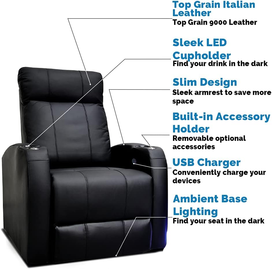 Syracuse Home Theater Seating | Premium Top Grain Nappa 9000 Leather, Power Recliner, LED Lighting (Row of 4, Black)