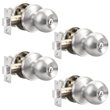 4 Pack Entry Door Knob Keyed Alike, Satin Nickel Finish Door Lock Handle, Entry Door Lock/Ball Door knobs with Lock and
