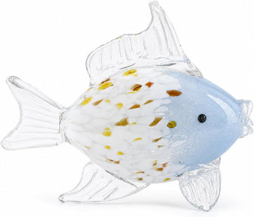 Hand Blown Glass Fish Figurine, Blue White Coastal Shelf Decor