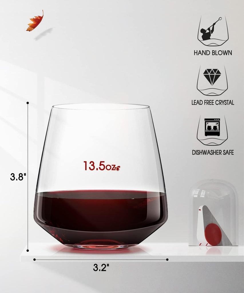 Stemless Wine Glasses Set of 6 13.5oz, Hand Blown Red White Wine Glasses Unique Gifts for Him Her for Birthday