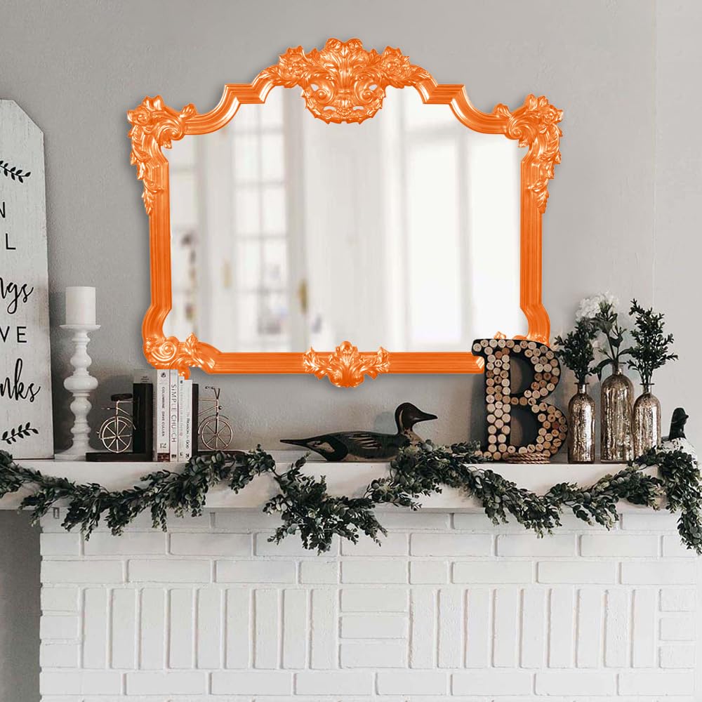 Antiqued Avondale Ornate Wall Mirror, Large Rectangular Vanity Mirror with Decorative Flourishes and Resin Frame