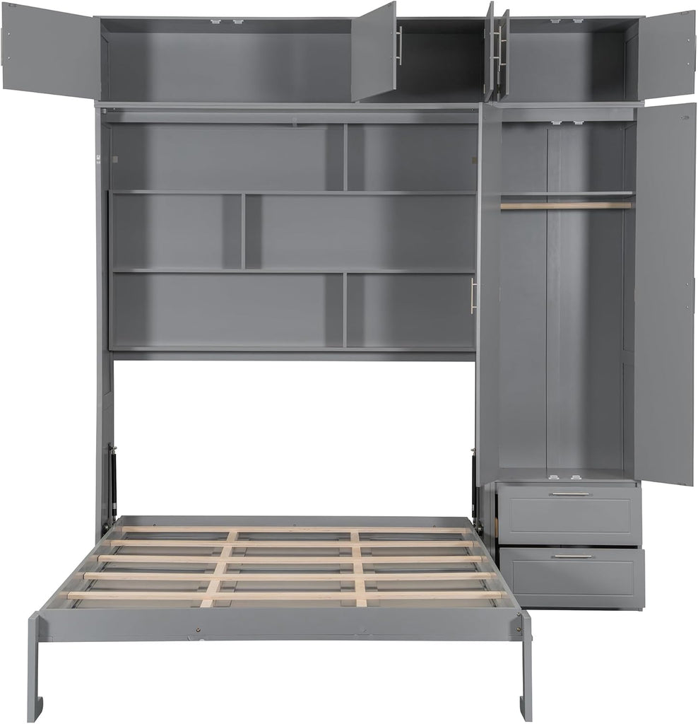 Queen Murphy Bed with Shelves, Top Cabinet and Wardrobe, Fold into The Wall, Multifunctional Foldable Platform Bed