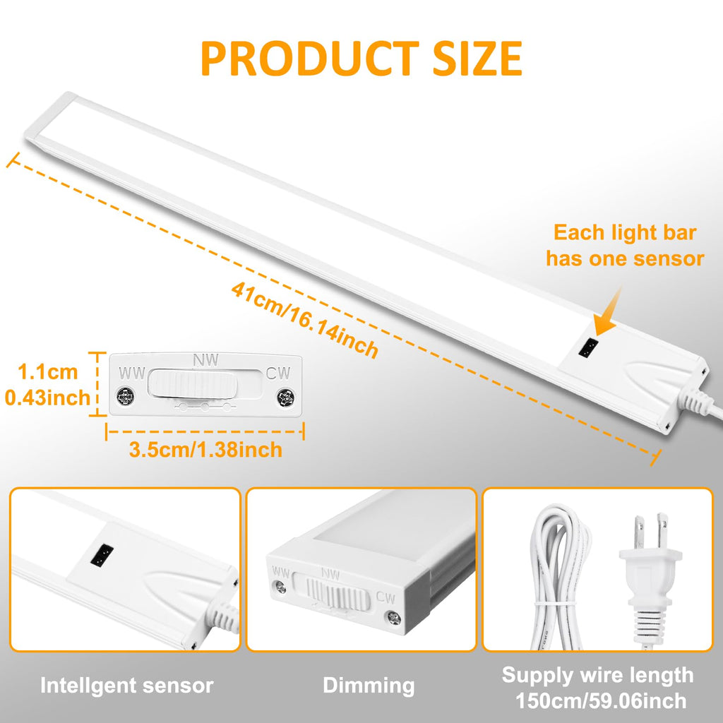 16 Inch Under Cabinet Lights 2 Pack, Hand Wave Motion Sensor LED Light Bar, Plug in Dimmable Under Counter Lighting