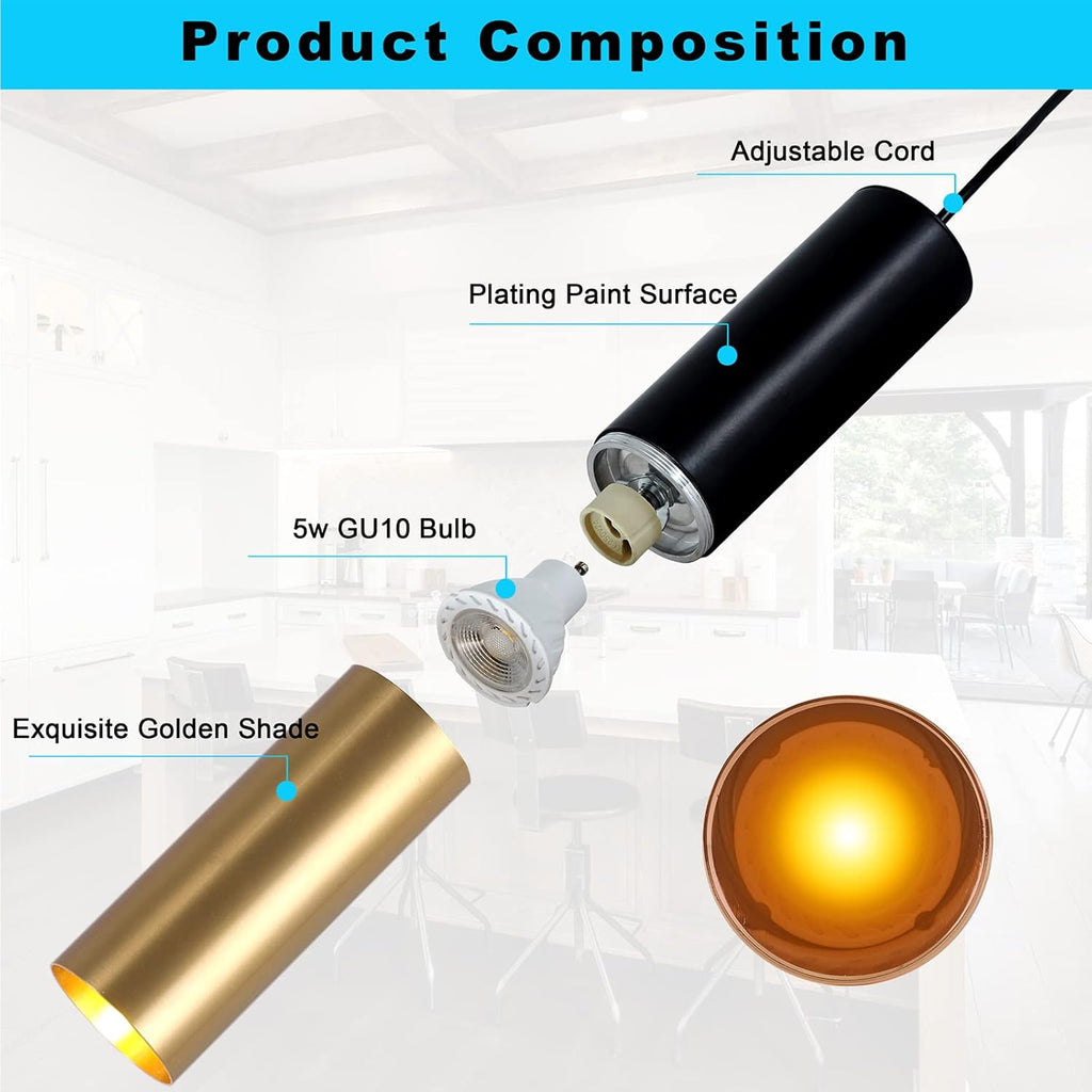 Modern Pendant Light Fixture Kitchen Island | 1-Light Black Gold GU10 Hanging Light Cord Adjustable Cylinder Pendants