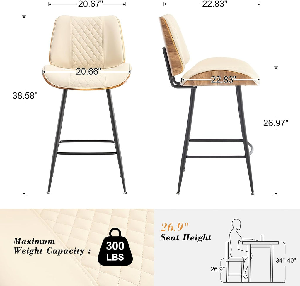 Counter Height Barstools Set of 3, 26.9" Armless Stools with Metal Legs, Walnut Pub Chair in Modern Style, PU Leather