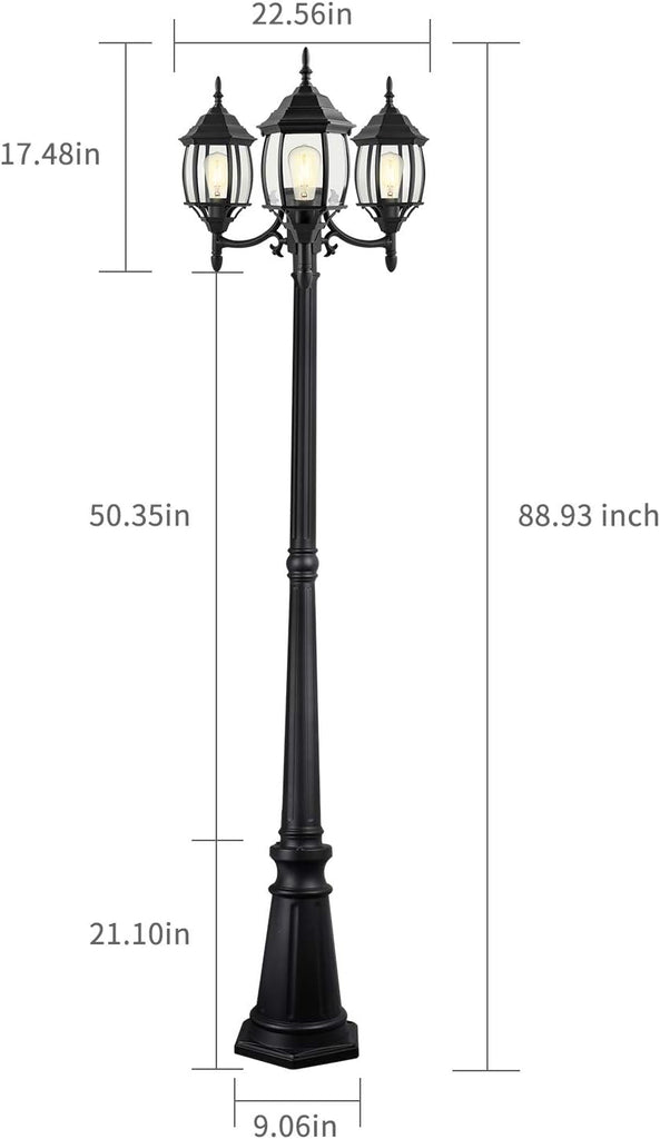 Outdoor Lamp Post Light 3-Head, Classic Black with Clear Glass Panels, E26 Base Maximum 100W (3 LED Bulbs Included)