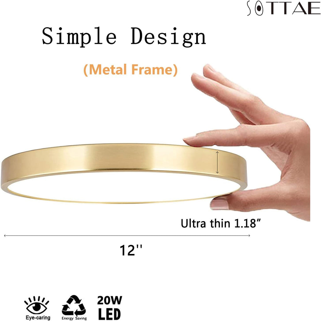 2 Pack 12 Inch Brushed Gold Metal Flush Mount LED Ceiling Light,3000K-5000K 20W Thin Round Ceiling Lamp,Modern Low