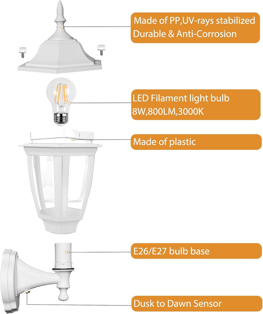 Outdoor Wall Light Dusk to Dawn, Porch Sensor Light White Plastic Anti-Corrosion with LED Edison Filament Bulb