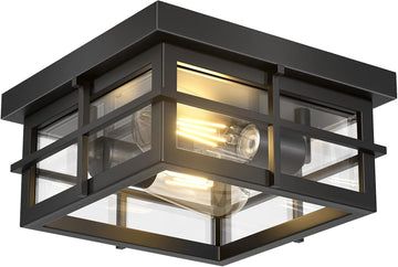 Modern Outdoor Ceiling Light Fixtures, 2-Light Black Flush Mount Light Fixtures with Clear Glass Shade