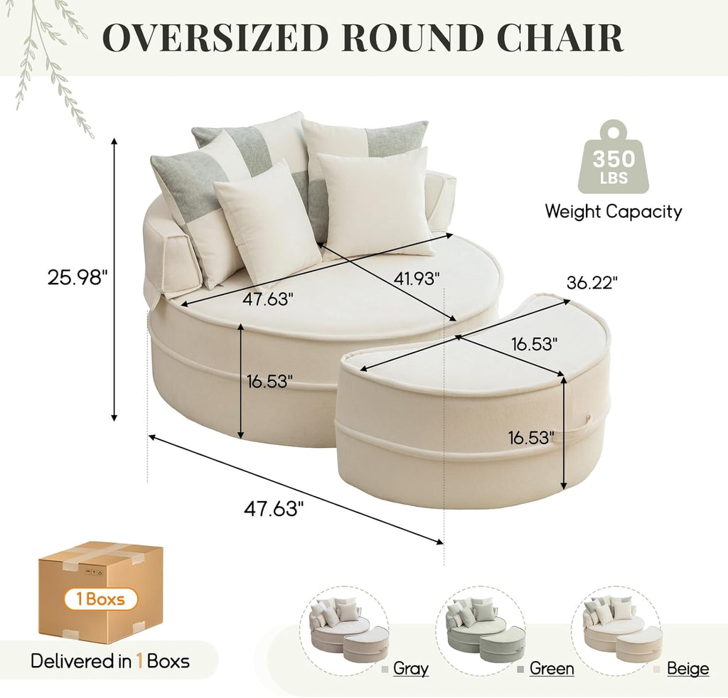 Modern Chaise Lounge Chair and Ottoman — Beige Velvet