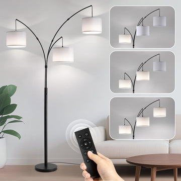 Floor lamp with Remote, 3 Light Arc Floor Lamps, 2400LM Tall Standing Floor Lamps with White Shades