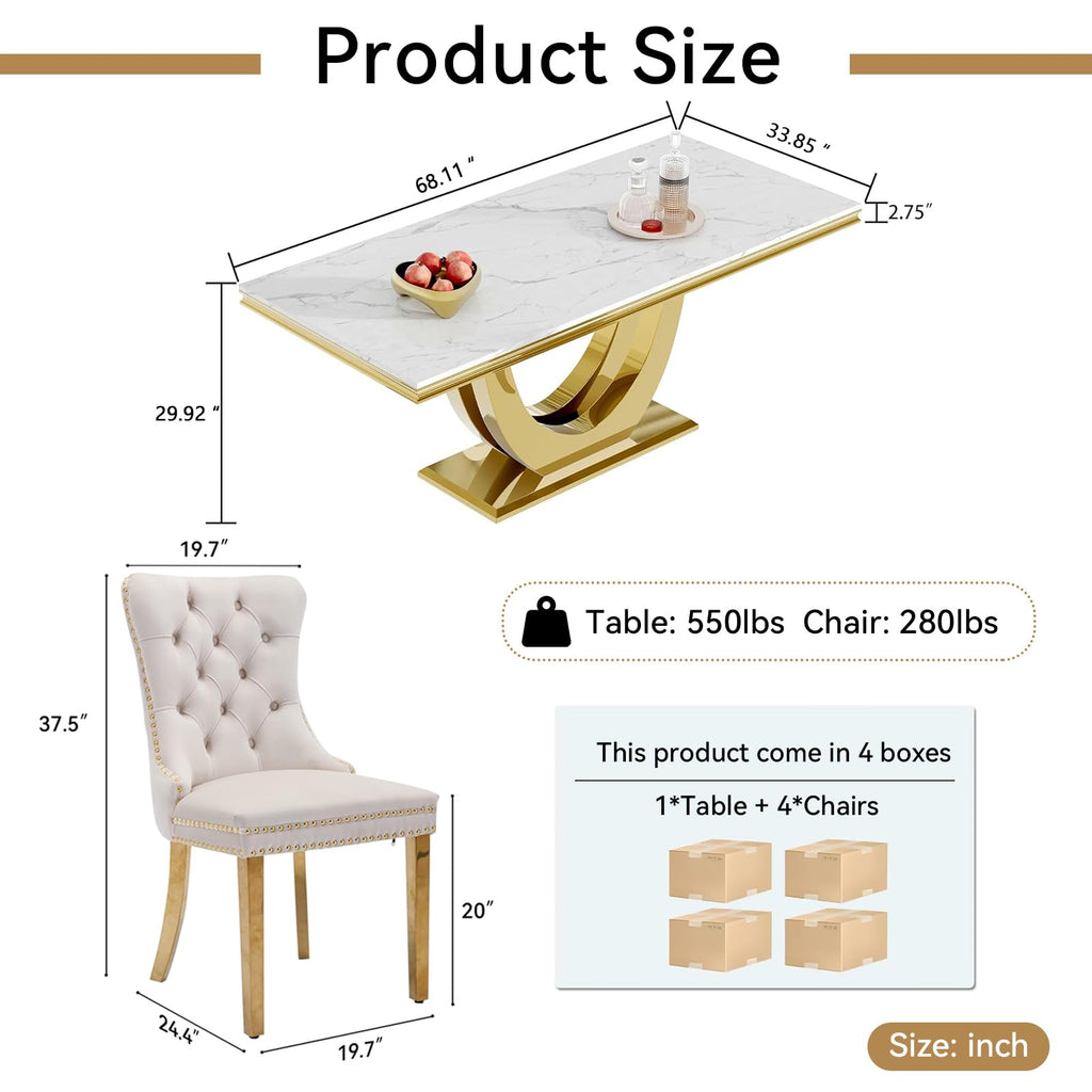 5-Piece White Marble Dining Table Set for 4, Modern 68inch Dining Table and Beige Velvet Dining Chairs Set of 4