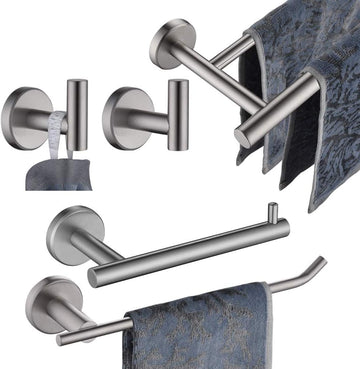 Bath Hardware Towel Bar Accessory Set, 5-Piece Bathroom Accessories Fixtures Set Brushed Finished Wall Mount Includes