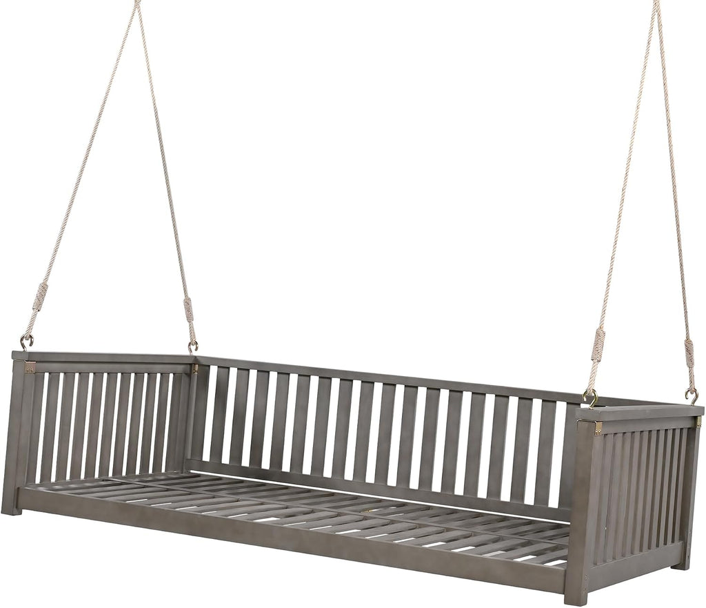 Porch Daybed Swing Outdoor Wooden Swing Bench, Patio Hanging Swing Chair Swinging Bed for Garden, Backyard, Deck, Grey