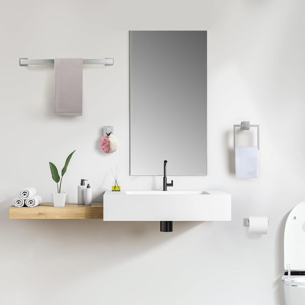 15-Pieces Brushed Nickel Bathroom Hardware Set, 24 inch Towel Bar Set | Towel Bar, Square Towel Ring Toilet Paper