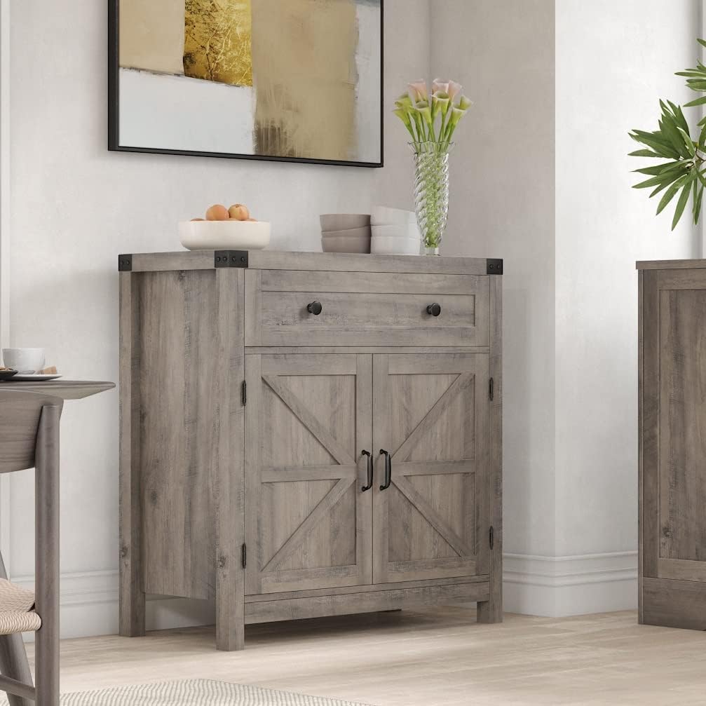 Kitchen Storage Cabinet, Farmhouse Coffee Bar Cabinet, Ash Gray | Small Buffet Cabinet with Doors & Wide Drawer, Wood