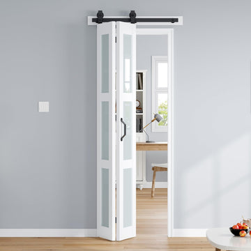 Bifold Barn Door 28x84 Inch (Double 14x84), White Frosted Glass Bifolding Doors with 32" Hardware Kit Included