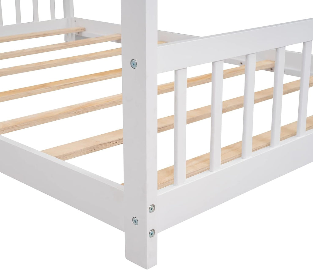 Full House Beds White Montessori Bed Wood Frame Kids Floor Bed with Headboard & Footboard for Children Boys Girls