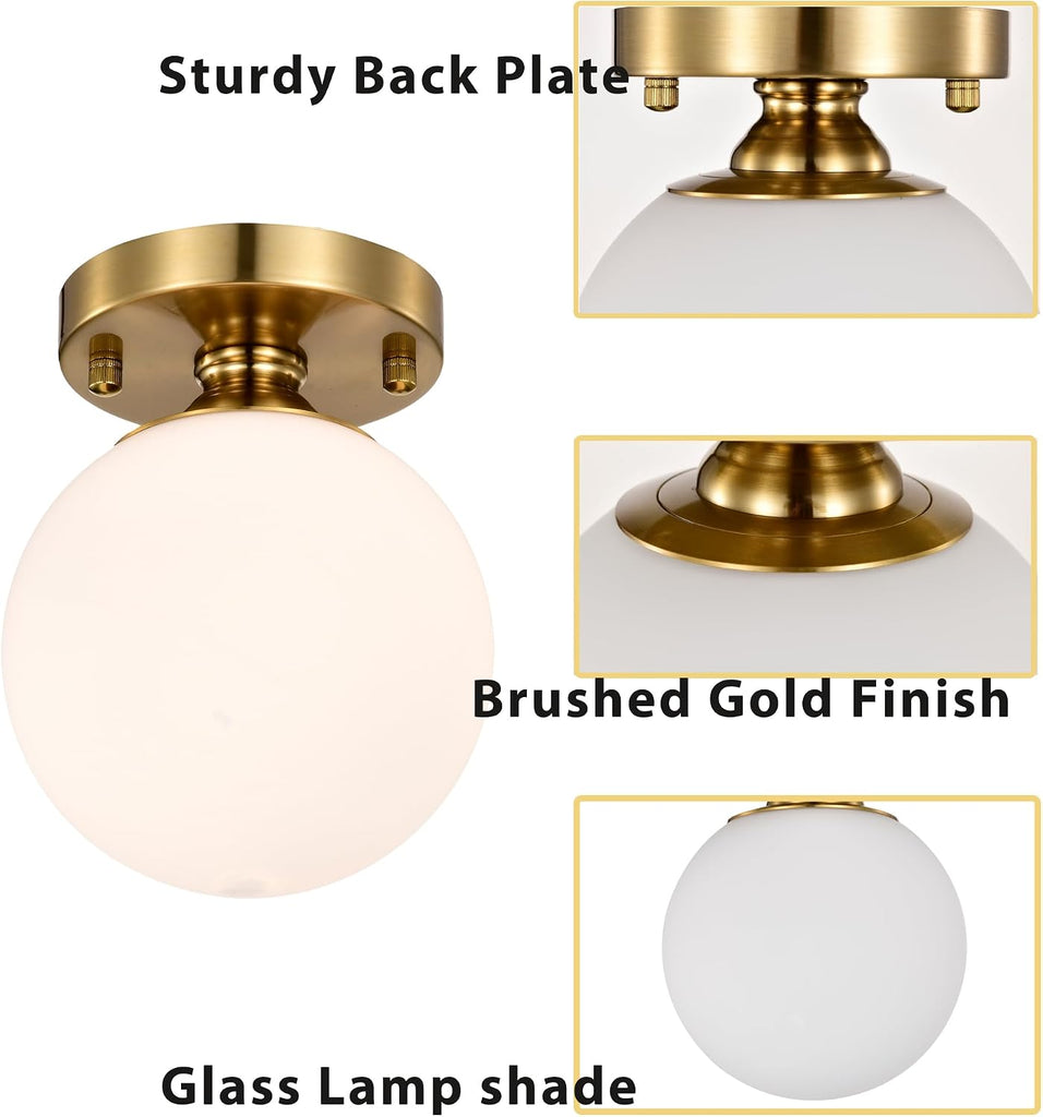 Gold Semi Flush Mount Ceiling Light 5.9" Globe Opal Glass Shade | Mid-Century Modern Hallway Light Fixture Closet