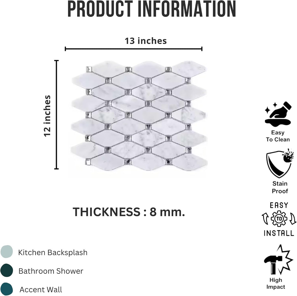 Premium Carrara Diamond Insert Decorative Marble Mosaic Sheet Kitchen Backsplash Wall and Floor, Spa, Pool (Box of 5