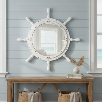Nautical Ship Wheel Mirror Wall Mounted, White Handle, 36 Inch
