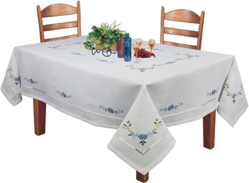 Hemstitched Embroidered Daisy Flower Tablecloth 70x104 Rectangular Table Cover White Blue