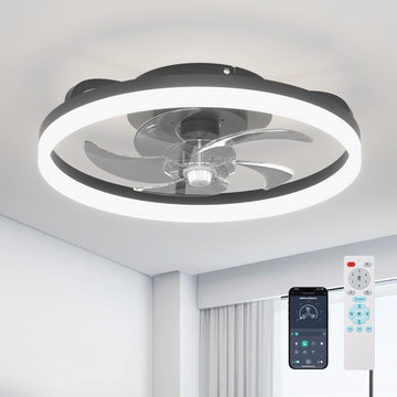 Modern Ceiling Fans with Lights and Remote, Flush Mount, 20 Inch Bladeless Ceiling Fan with Light, Low Profile Ceiling Fan, Reversible, 3CCT, Dimmable, Quiet, Ceiling Fans for Bedroom, Black