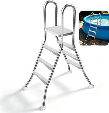 Above Ground Pool Ladder,42" Heavy Duty Luxury Pool Ladder with Platform,3-Steps Swimming Frame Pool Ladder,304