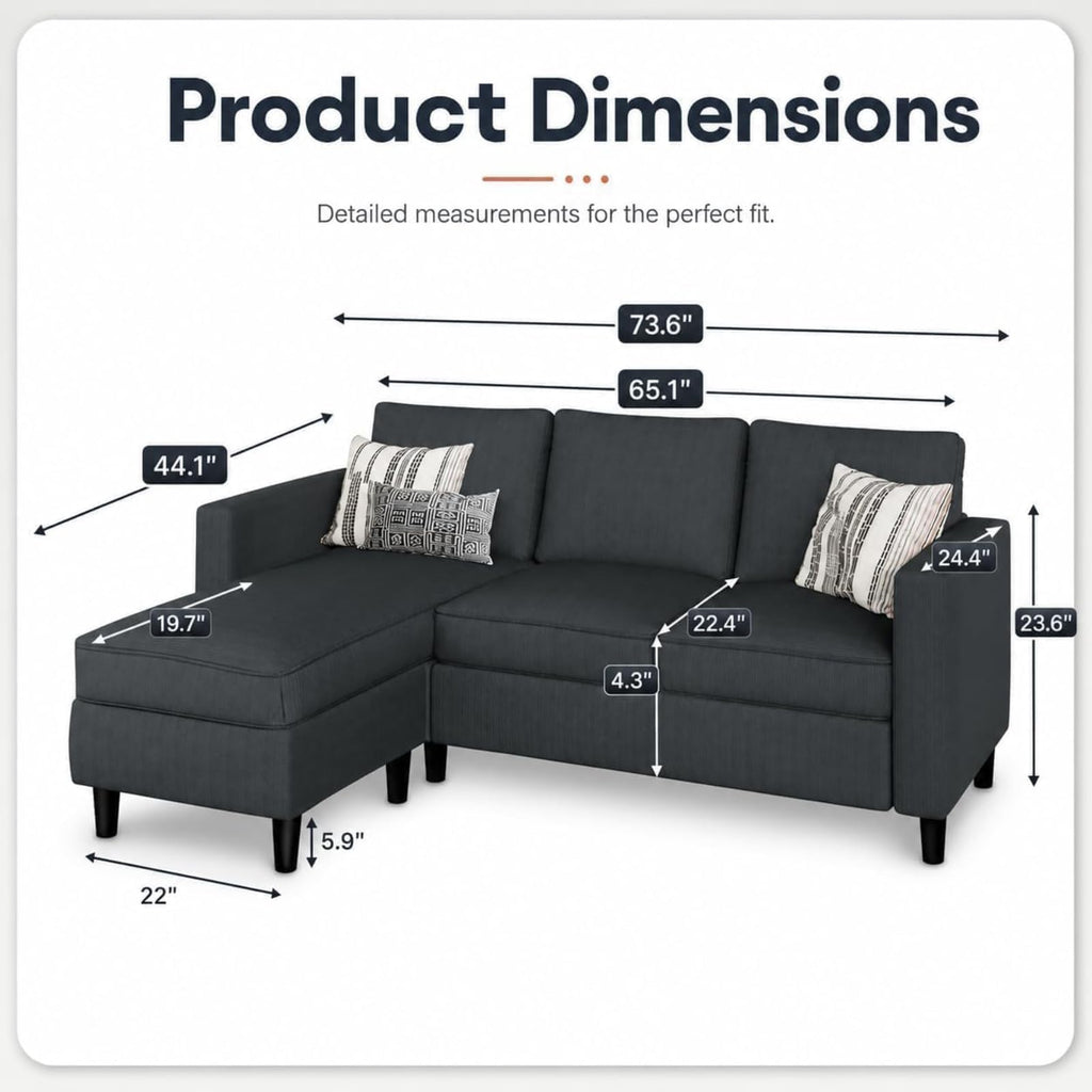 73.6" L-Shaped Small Sectional Couch with Ottoman, Gray