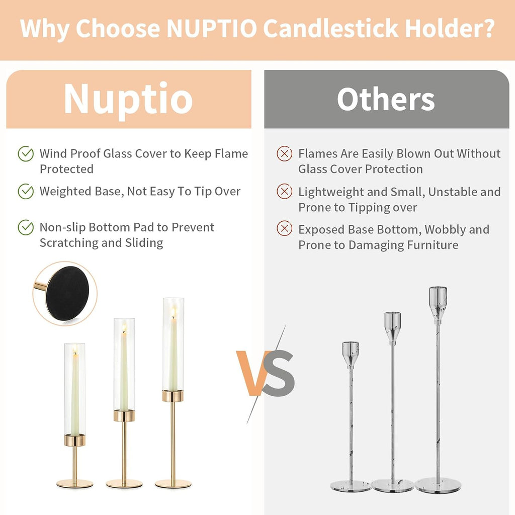 Hurricane Candle Holder for Candlestick: 6 Pcs Gold Taper Candlestick Holders - Tall Modern Candles Stick Decor with