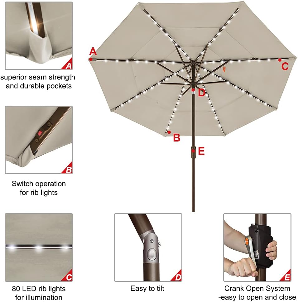 USA 10-Year-Non-Fading 9ft 3-Tier Market Patio Umbrella, Commercial Table Umbrella with 80 Solar LED Lights - Antique Be