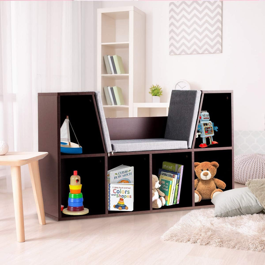 Kids Bookshelf with Reading Nook, 6 Cubby Bookcase with Soft Seat Cushion, Wooden Toy Storage Organizer with Bench