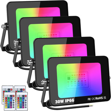 4-Pack 30W RGB LED Flood Light, Remote Outdoor Color Changing Light | 16-color changing, IP66 waterproof, remote