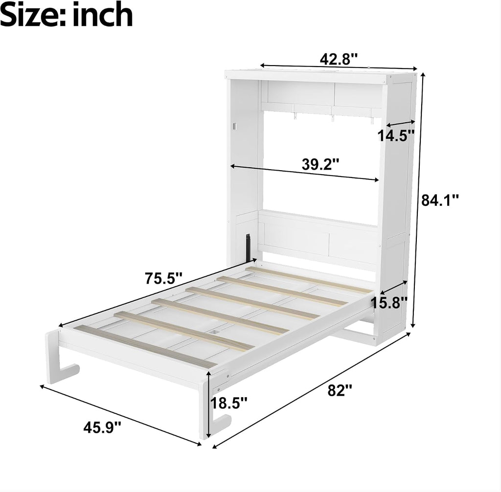 Twin Farmhouse Murphy Bed,Solid Wood Folding Vertical Murphy Wall Bed Cabinet for Bedroom Office,Space-Saving