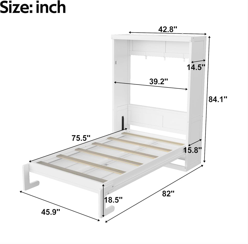 Space Saving Twin Murphy Wall Bed, Folds into Vertical Cabinet, Solid Metal Frame with Wood Slats, No Box Spring