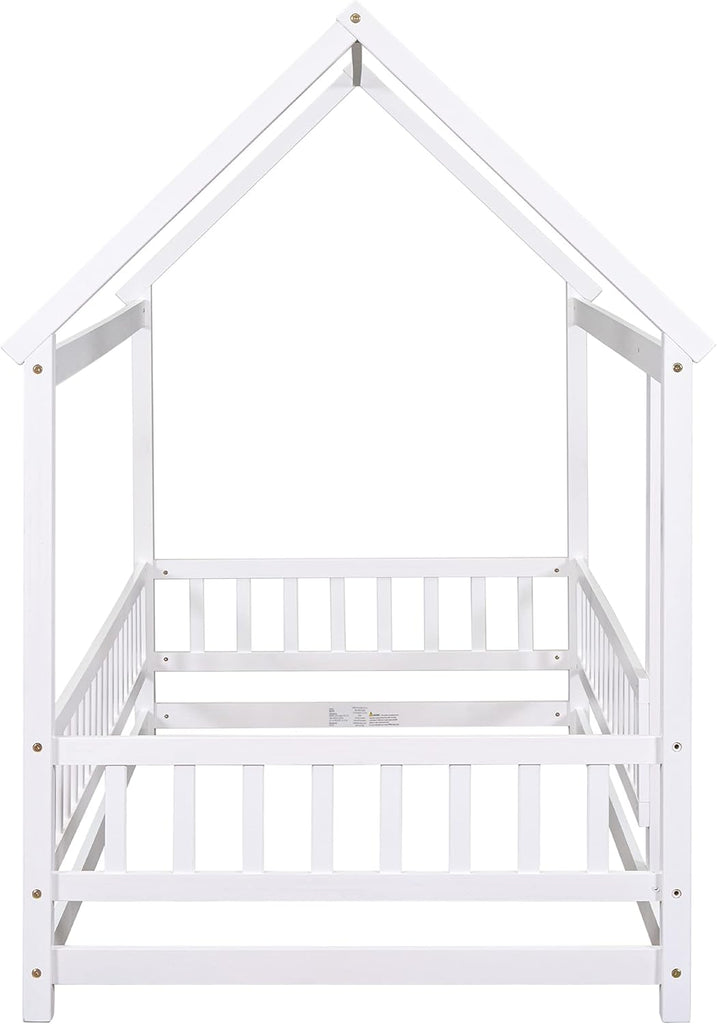 Twin Size House Floor Bed,Wooden Montessori Bed with Fence and Roof for Kids,Twin Bed Frame for Boys,Girls(Twin,White)